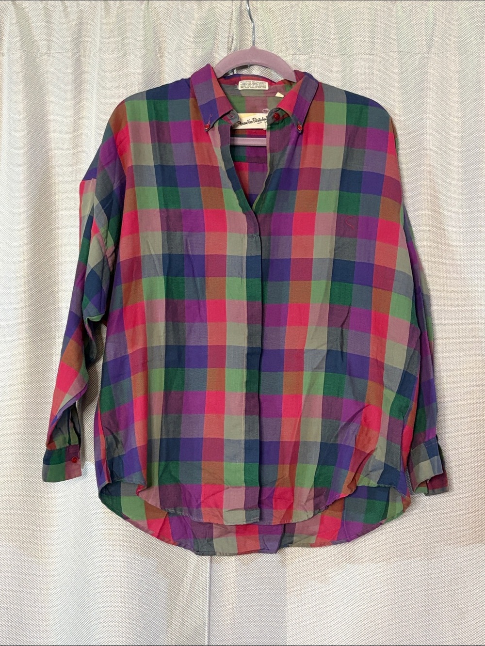 Vintage Diane von Furstenberg Plaid Blouse Size Large Colorful Retro Top